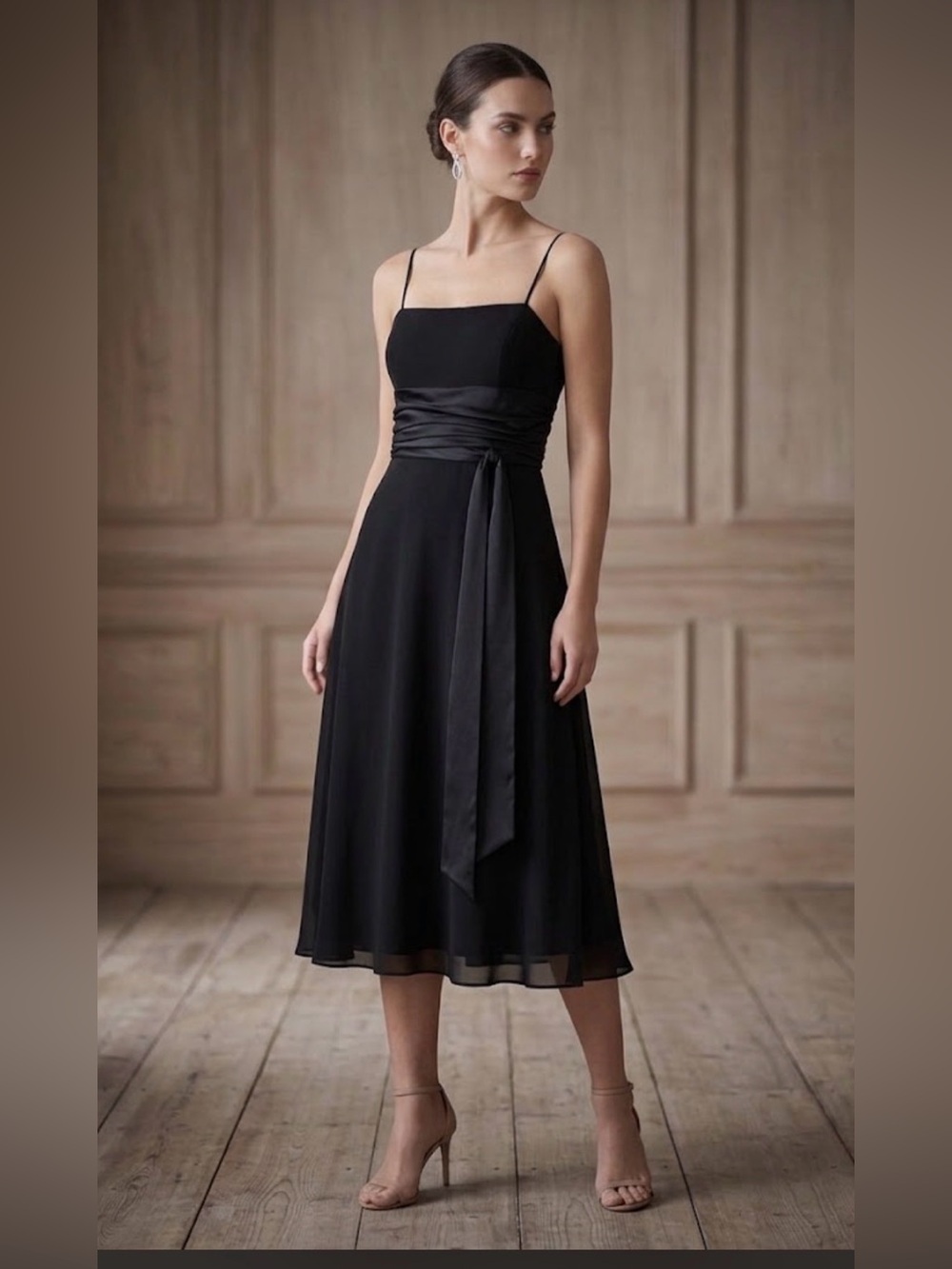 Fiesta Women’s Black Midi Dress with Draped Waist – Size M